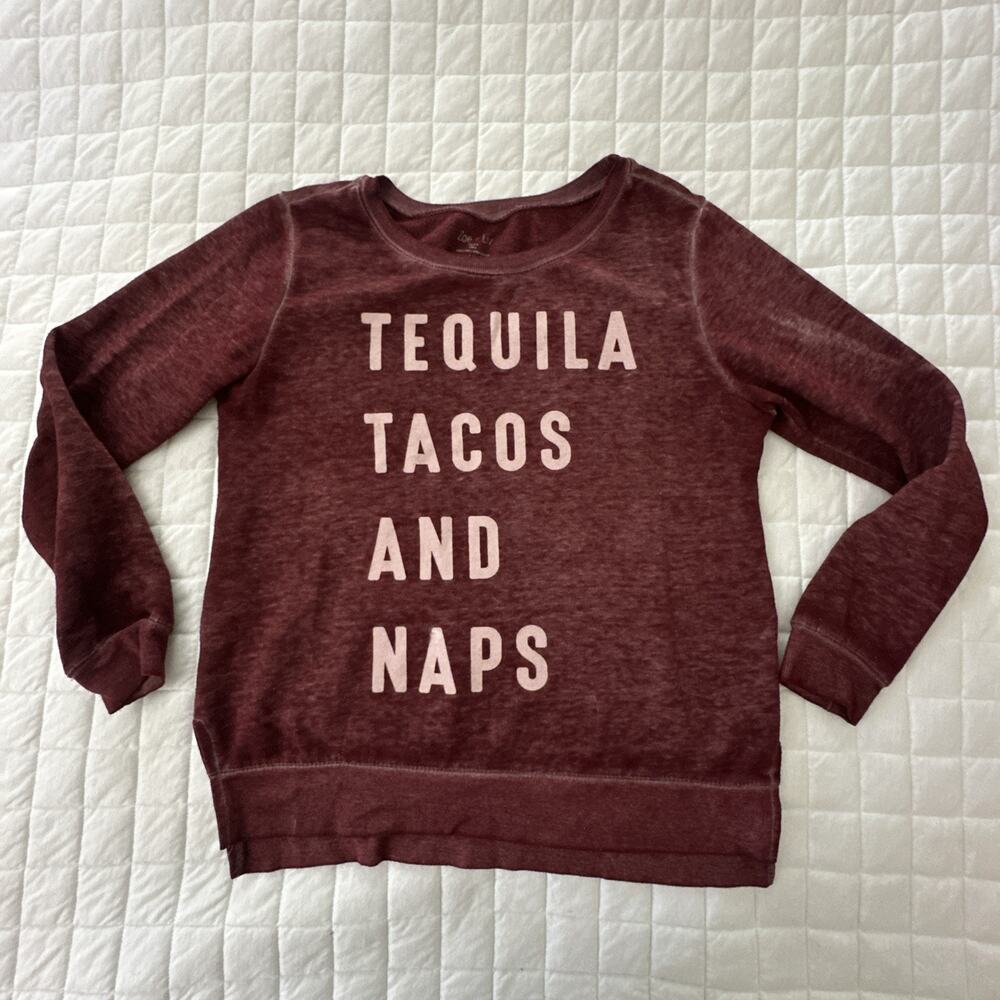 Zoe + Liv Sweatshirt Womens Medium Heather Red Tequila Tacos Naps Slouchy Loungy